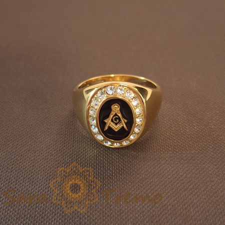 Inel cu simboluri masonice și cristale zirconia, model sigiliu regal, lățime 1.9 cm [2]