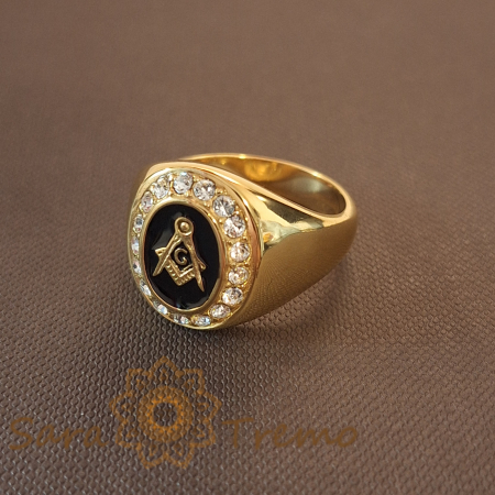 Inele - Inel cu simboluri masonice și cristale zirconia, model sigiliu regal, lățime 1.9 cm