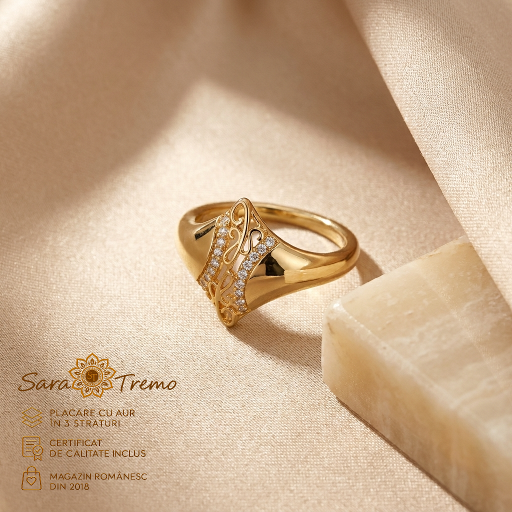 Inel Dantelă Aurie lat 1,4 cm cu zirconia, aur 14K | SaraTremo [2]