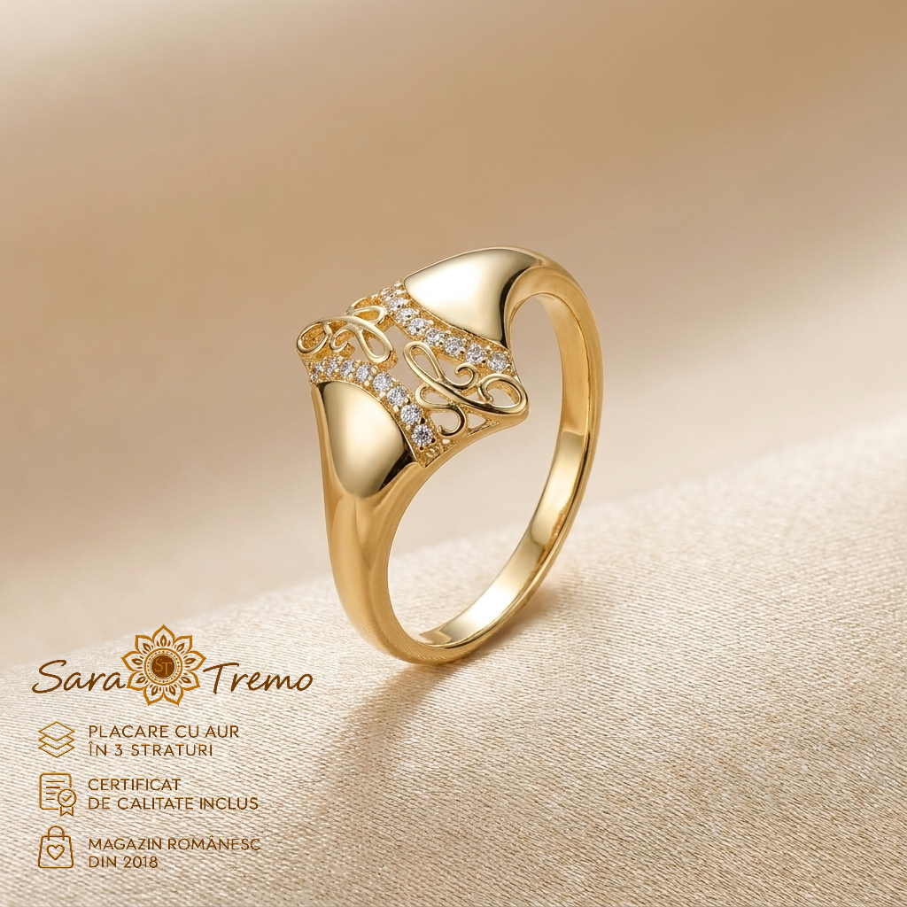 Inele - Inel Dantelă Aurie lat 1,4 cm cu zirconia, aur 14K | SaraTremo