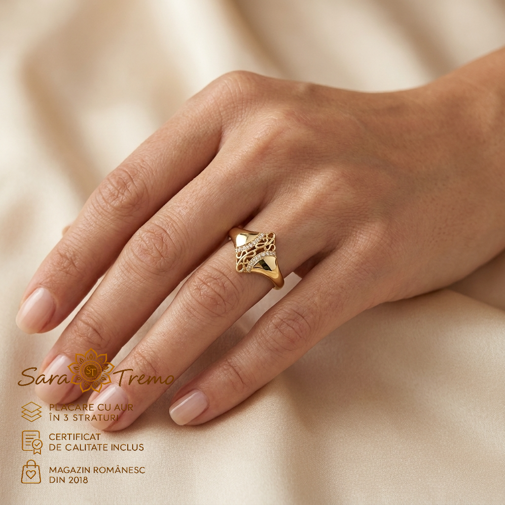 Inel Dantelă Aurie lat 1,4 cm cu zirconia, aur 14K | SaraTremo [1]