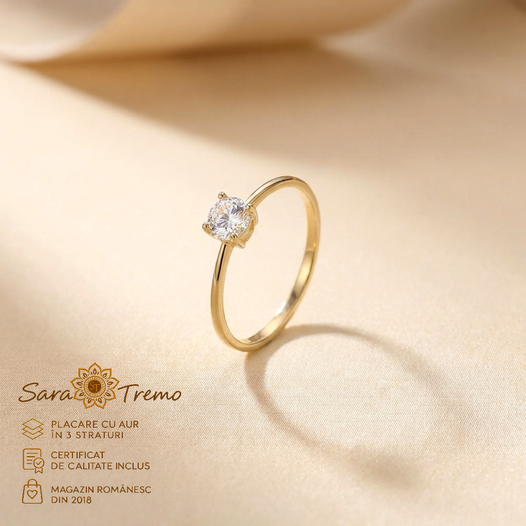 Bijuterii placate cu aur - Inel Diamant Delicat cu zirconia 4 mm, aur 14K | SaraTremo