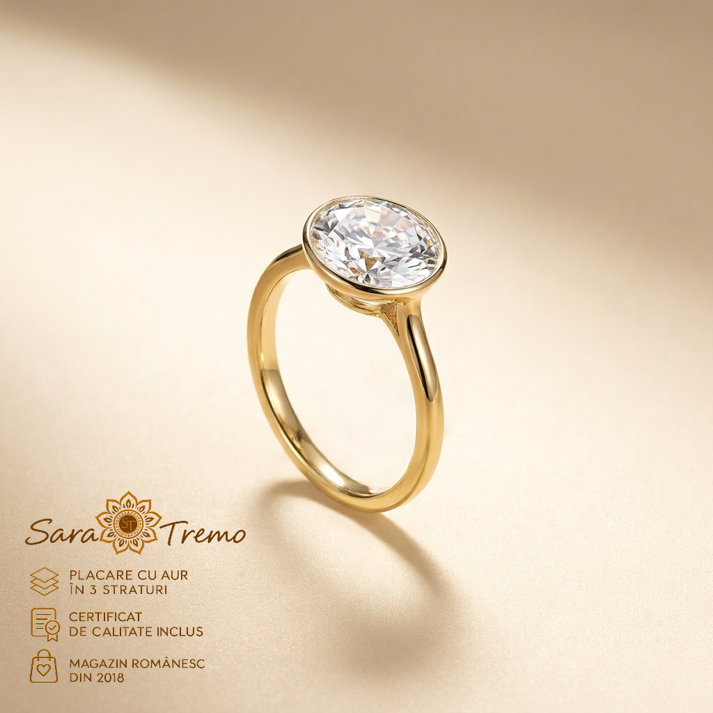 Bijuterii placate cu aur - Inel Diamant Majestic cu zirconia 1 cm, aur 14K | SaraTremo