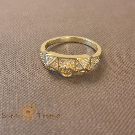 Bijuterii placate cu aur - Inel geometric cu zirconia si decor charm - placat 14k
