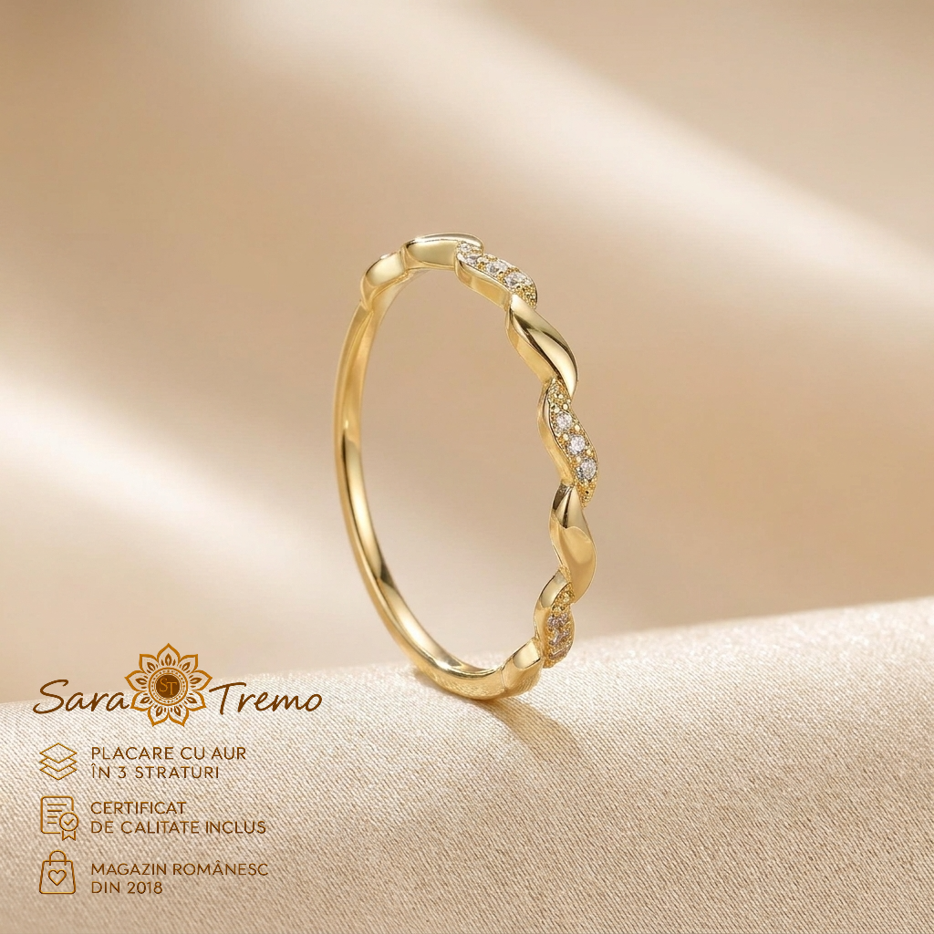 Bijuterii placate cu aur - Inel Fir de Lumină fin cu zirconia, placat cu aur 14K | SaraTremo