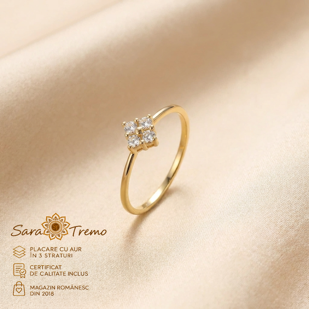 Bijuterii placate cu aur - Inel Floare de Diamant cu zirconia, placat cu aur 14K | SaraTremo
