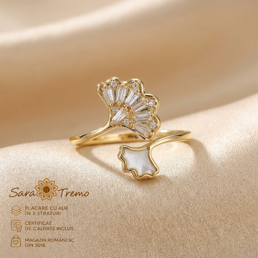 Bijuterii placate cu aur - Inel Ginkgo cu zirconia, model deschis, aur 14K | SaraTremo