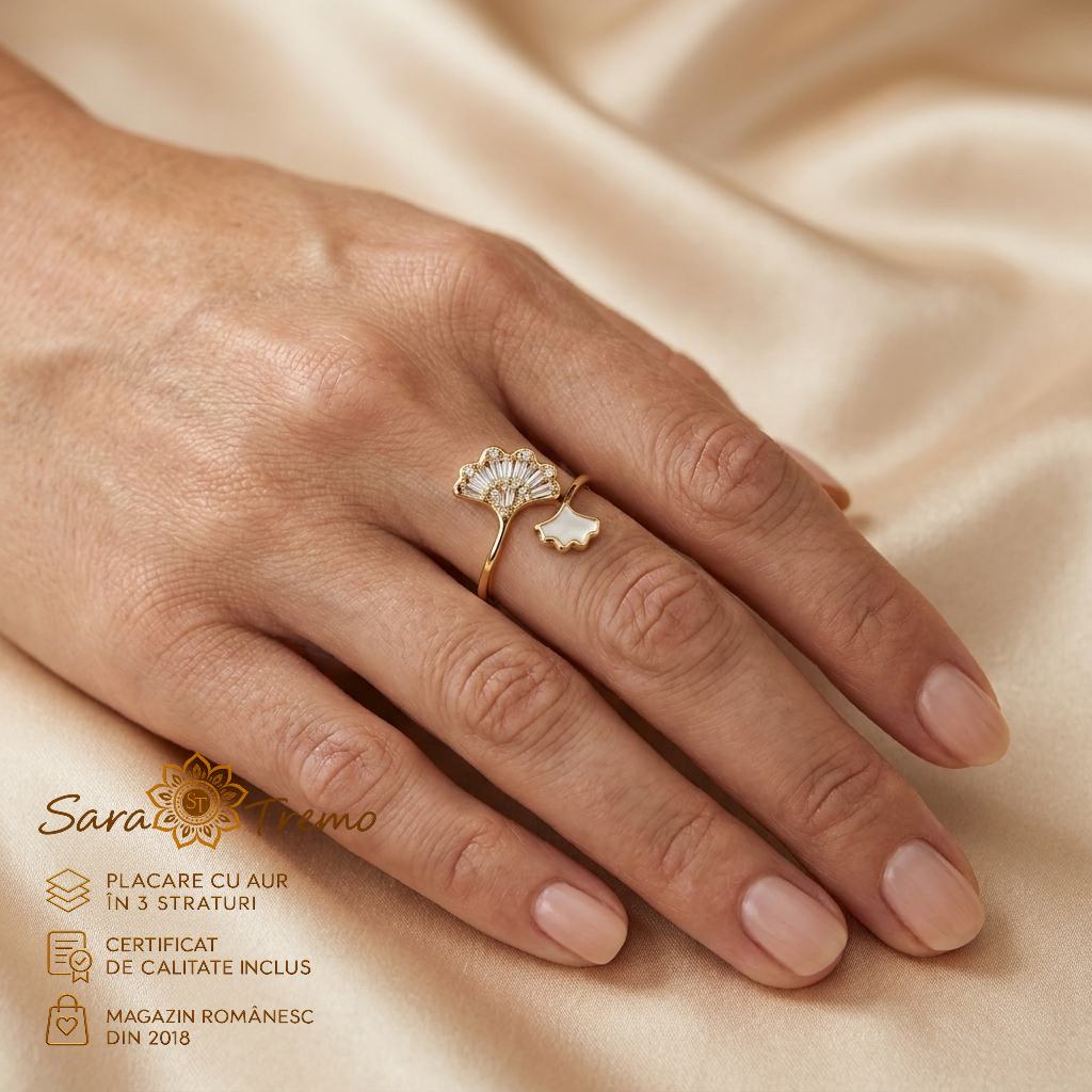 Inel Ginkgo cu zirconia, model deschis, aur 14K | SaraTremo [1]