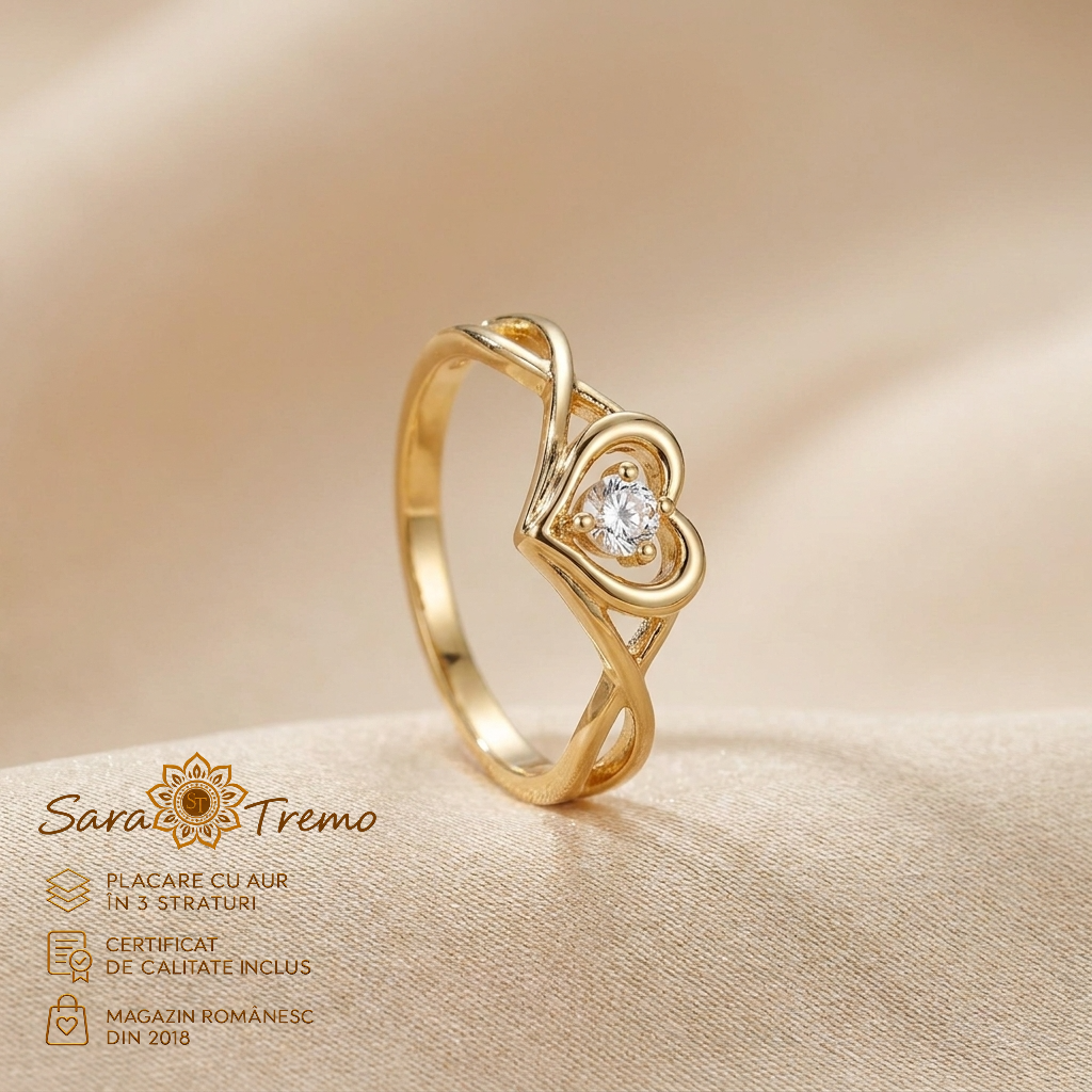 Bijuterii placate cu aur - Inel Inimă Împletită cu zirconia, placat cu aur 14K | SaraTremo