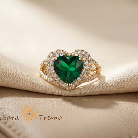 Inele - Inel Inima Smaraldului Imperial – Inel placat cu aur 14K cu zirconia verzi si albe