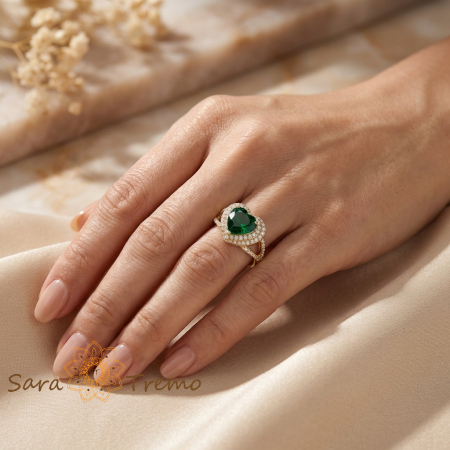 Inel Inima Smaraldului Imperial – Inel placat cu aur 14K cu zirconia verzi si albe [2]
