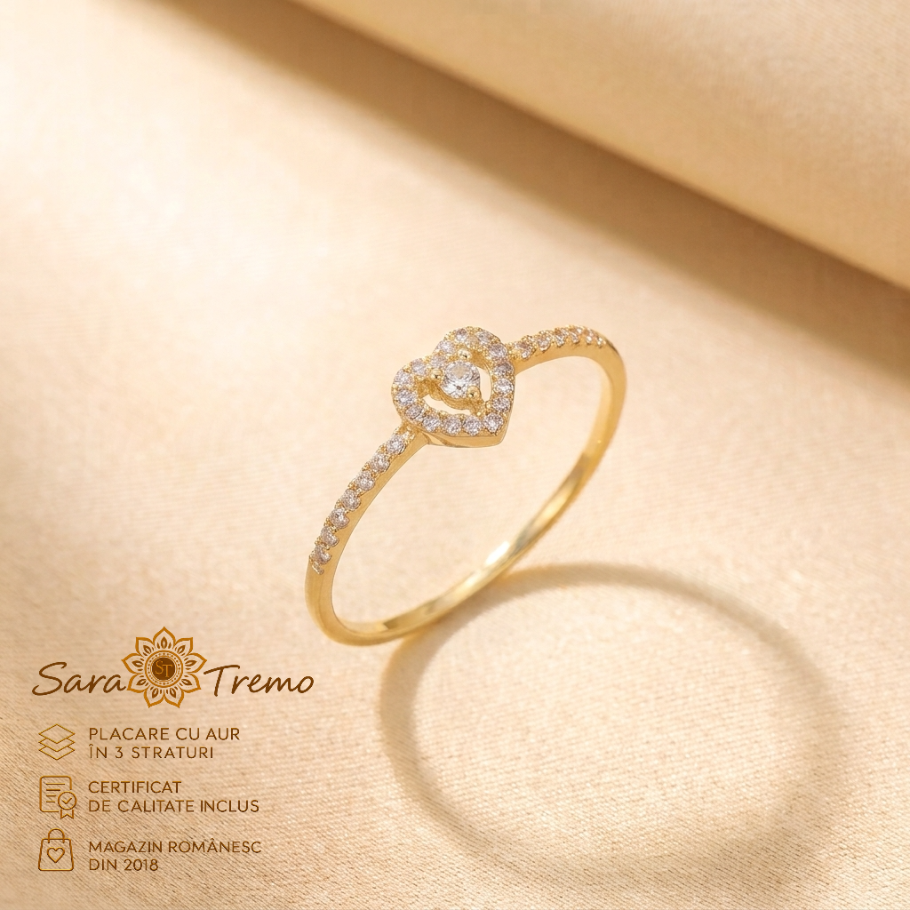 Bijuterii placate cu aur - Inel Inimă Strălucitoare cu zirconia, aur 14K | SaraTremo