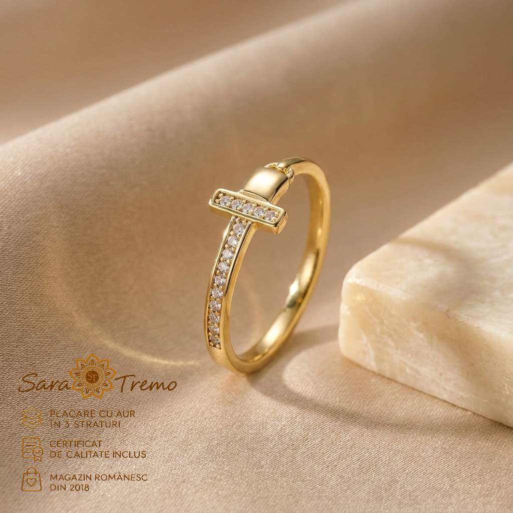 Inel Litera T cu zirconia, placat cu aur 14K | SaraTremo [2]