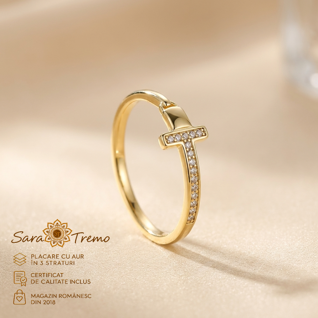 Bijuterii placate cu aur - Inel Litera T cu zirconia, placat cu aur 14K | SaraTremo