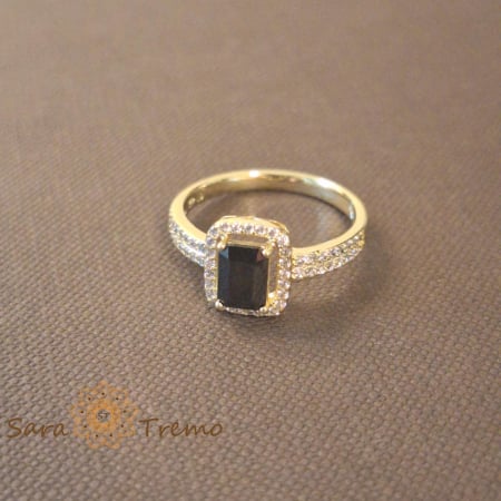 Bijuterii pentru femei - Inel elegant cu cristal negru fumuriu si zirconia - placat 14k