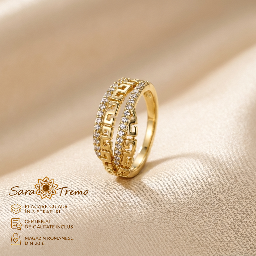 Bijuterii placate cu aur - Inel Meandru Grecesc 9 mm cu zirconia, aur 14K | SaraTremo