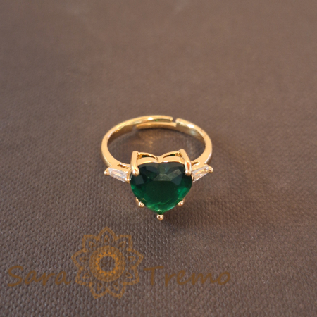 Inele - Inel Full Heart placat cu aur, cu piatră verde tridimensională, reglabil.