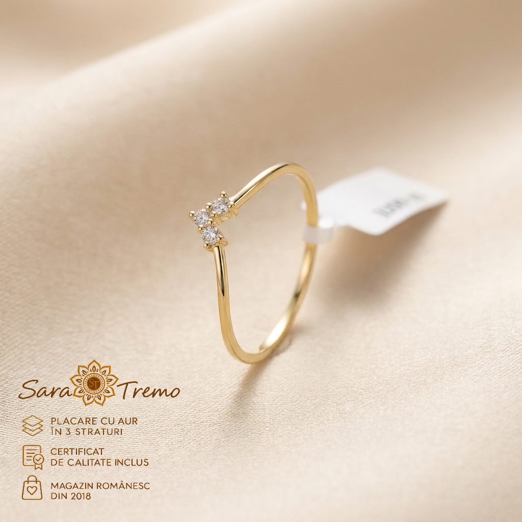 Bijuterii placate cu aur - Inel Punct de Lumină minimalist cu zirconia, aur 14K | SaraTremo