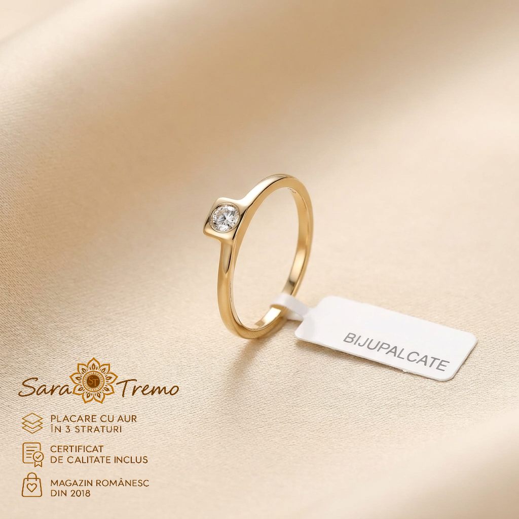 Bijuterii placate cu aur - Inel Punct de Lumină minimalist cu zirconia, aur 14K | SaraTremo