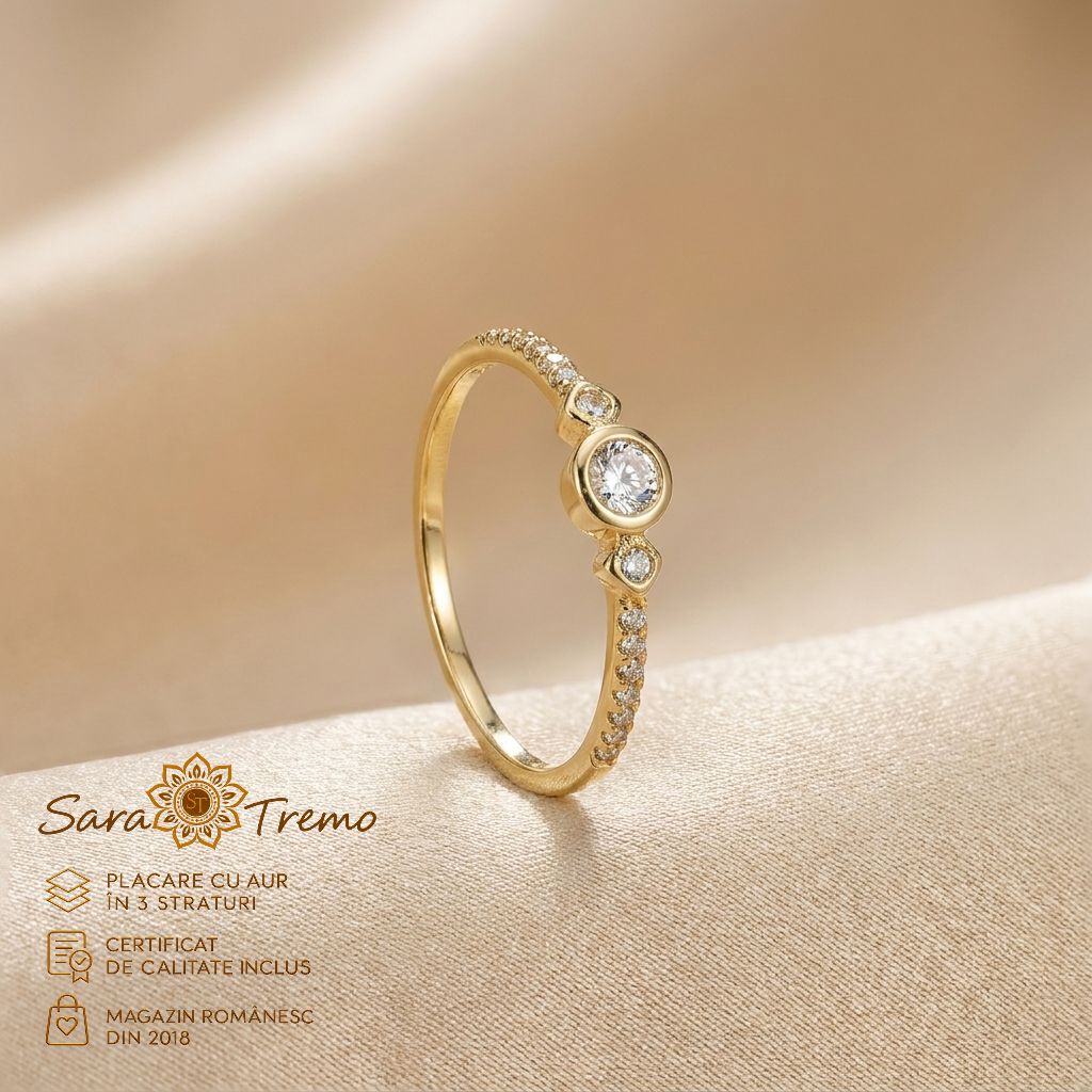 Bijuterii placate cu aur - Inel Rază de Diamant fin cu zirconia, aur 14K | SaraTremo