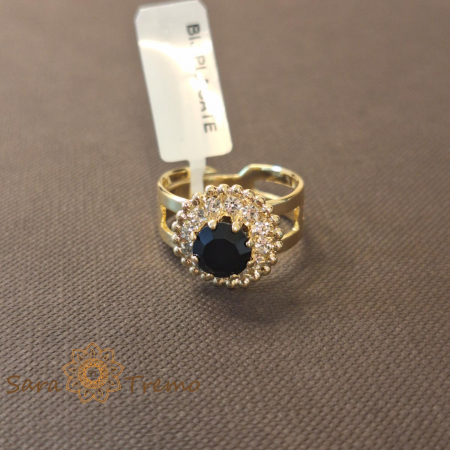 Bijuterii placate cu aur - Inel reglabil floare cu cristal negru placat 18k - origine Brazilia