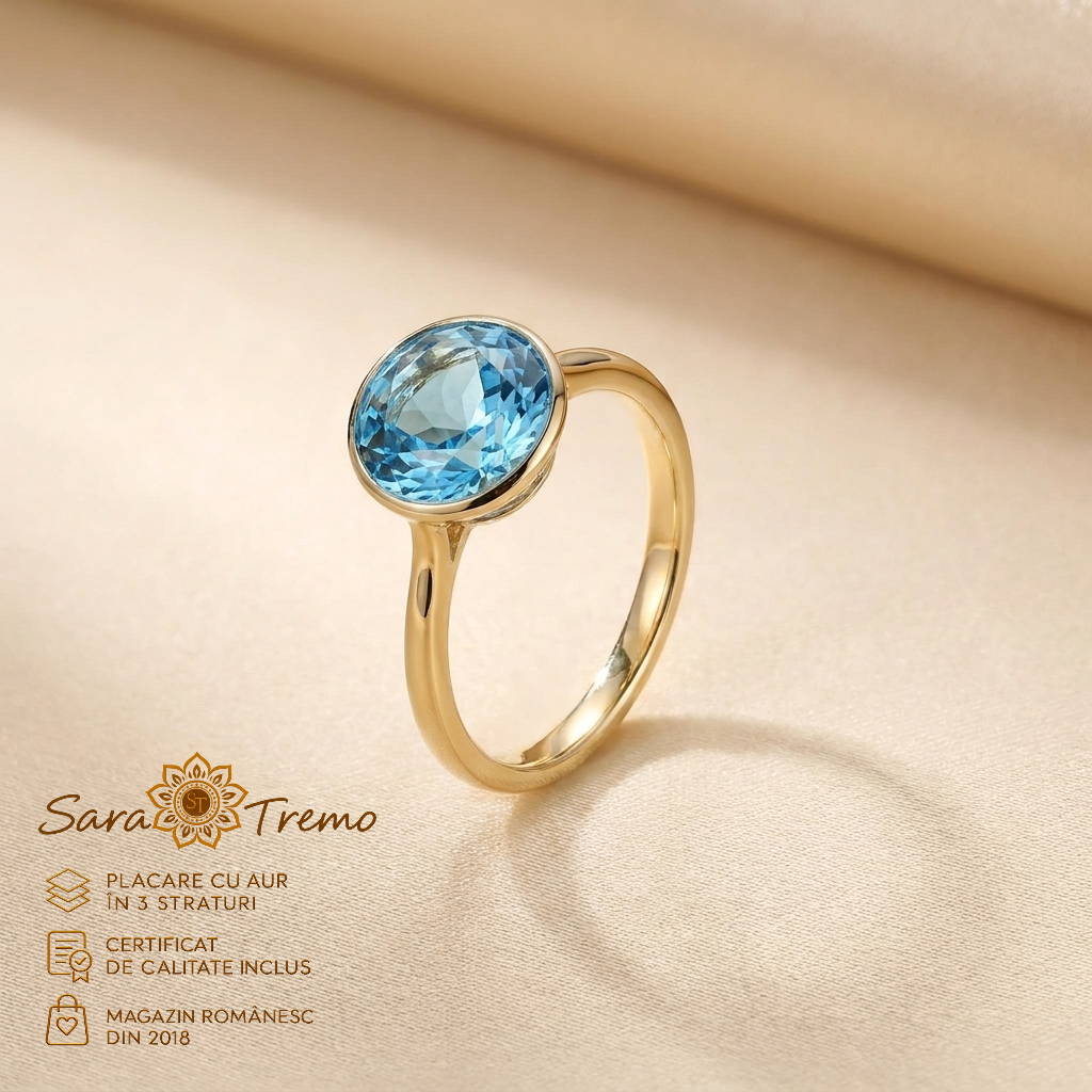Bijuterii placate cu aur - Inel Safir Albastru Majestic cu zirconia 1 cm, aur 14K | SaraTremo