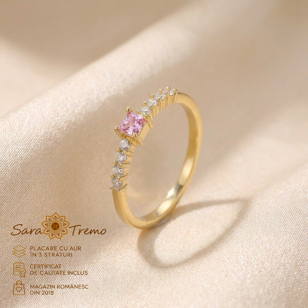 Bijuterii placate cu aur - Inel Safir Roz Delicat cu zirconia, aur 14K | SaraTremo