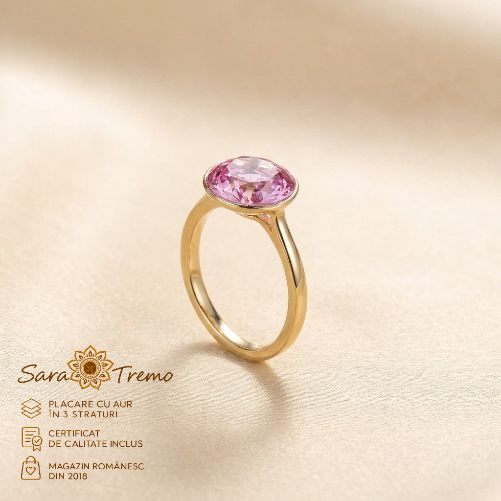 Bijuterii placate cu aur - Inel Safir Roz Majestic cu zirconia 1 cm, aur 14K | SaraTremo