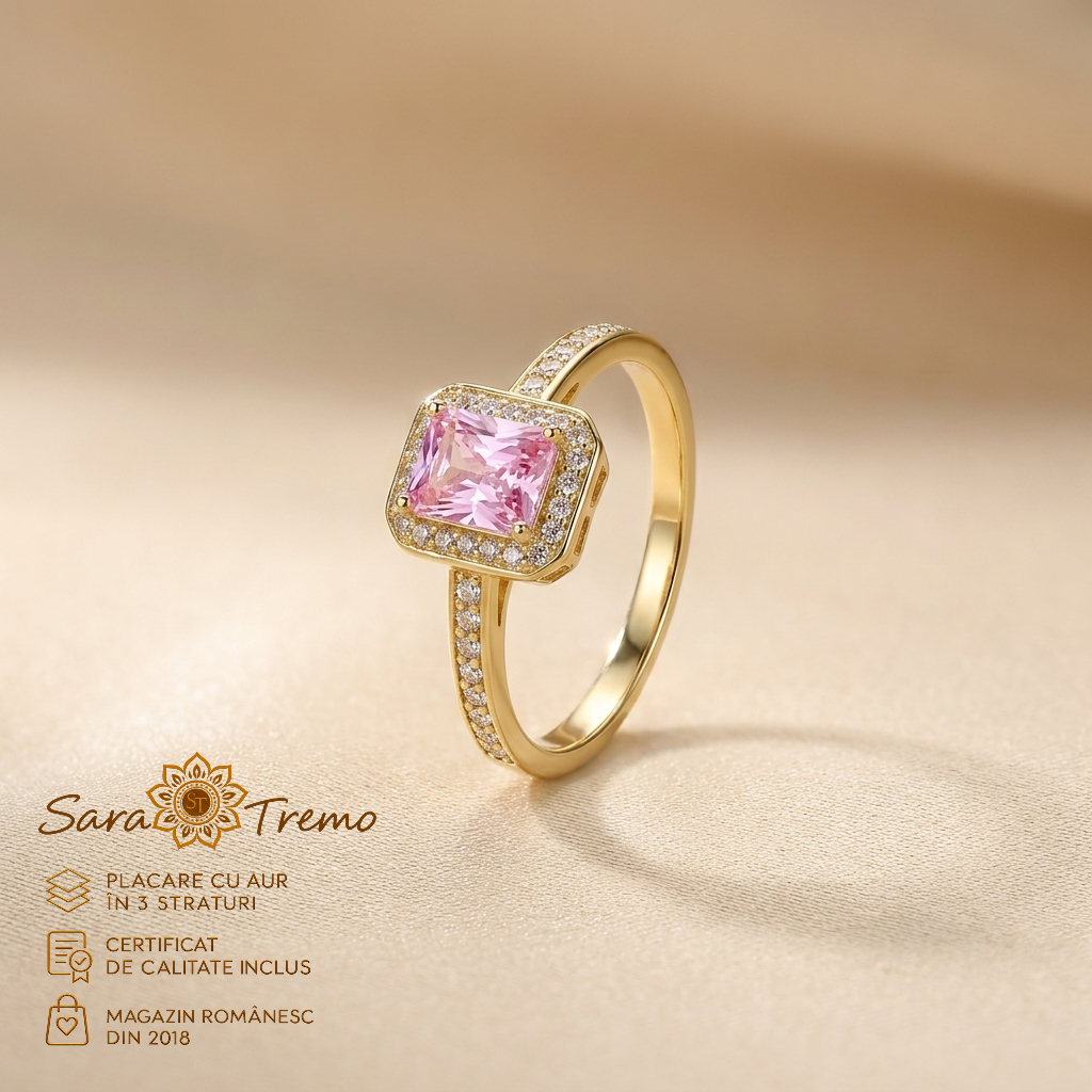 Bijuterii placate cu aur - Inel Safir Roz Pătrat cu zirconia, placat cu aur 14K | SaraTremo
