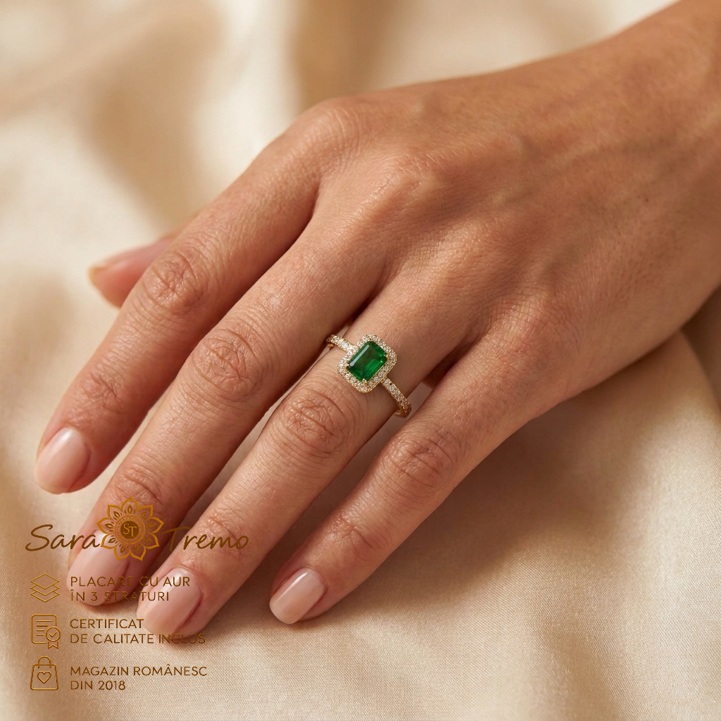 Inel Smarald Pătrat cu zirconia, placat cu aur 14K | SaraTremo [1]