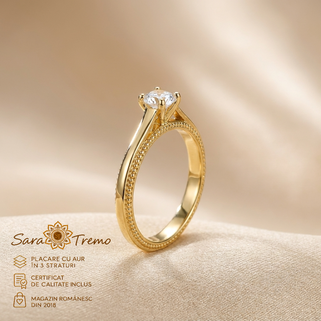 Bijuterii placate cu aur - Inel Solitaire Clasic cu zirconia 4 mm, aur 14K | SaraTremo