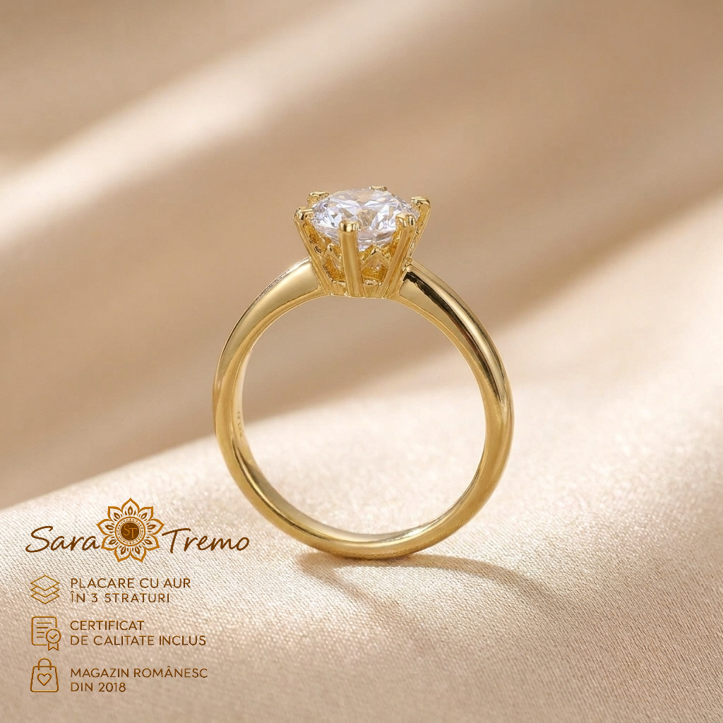Bijuterii placate cu aur - Inel Solitaire Diamant 6 mm cu zirconia, aur 14K | SaraTremo