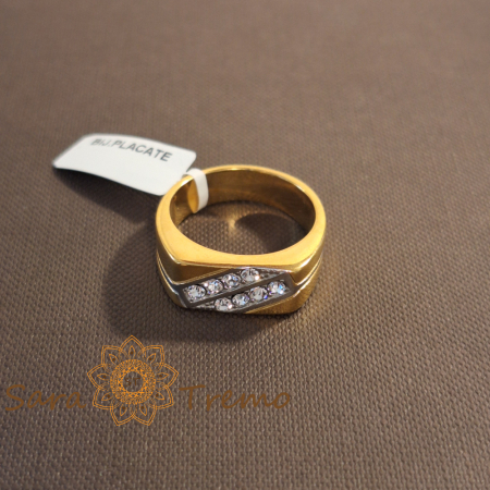 Inele de logodna - Inel unisex placat cu aur – benzi diagonale cu zirconia