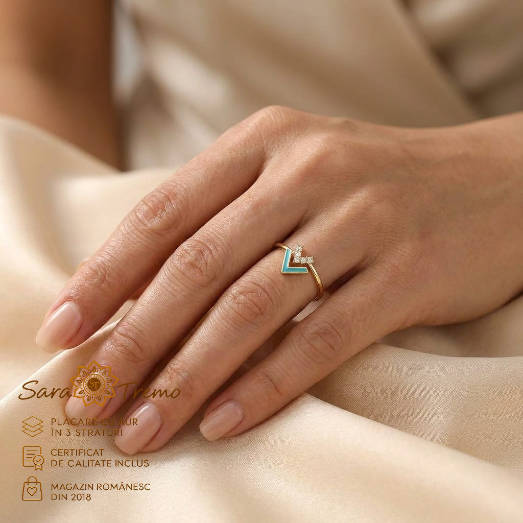 Inel V Turcoaz fin cu zirconia, placat cu aur 14K | SaraTremo [1]