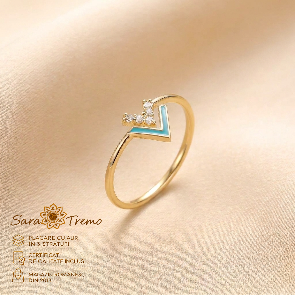 Bijuterii placate cu aur - Inel V Turcoaz fin cu zirconia, placat cu aur 14K | SaraTremo