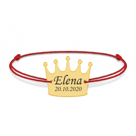 Bratari personalizate - King - Bratara snur cu talisman din argint 925 placat cu aur galben 24K personalizata cu text - coroana