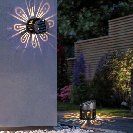 Pentru casa - Lampa solara decorativa perete sau sol, LED alb cald, efect umbre, iluminat gradina exterior
