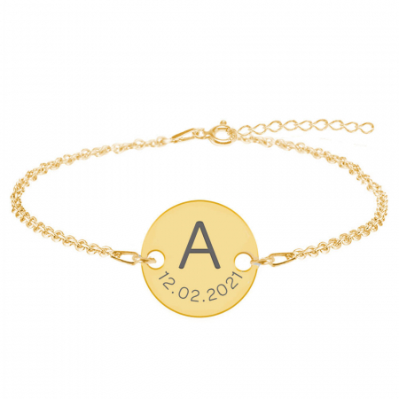 Bijuterii personalizate - Lia - Bratara din argint 925 placat cu aur galben 24K personalizata cu initiala si data -  banut