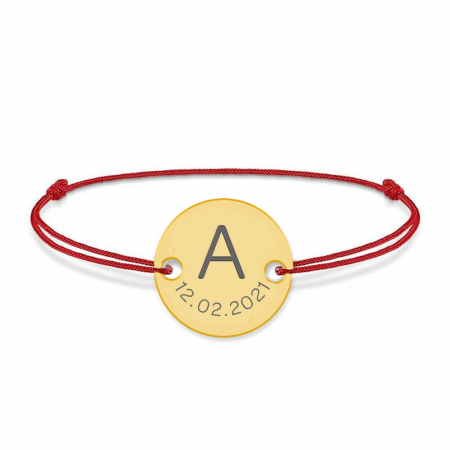 Bratari personalizate - Lia - Bratara snur personalizata cu banut argint 925 placata cu aur galben 24K cu initiala si data