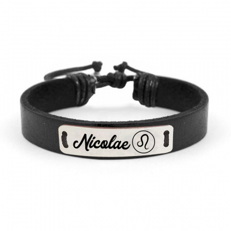 Bratari din argint - Bratara din piele cu tablita din argint 925 personalizata cu nume - Zodia Leu