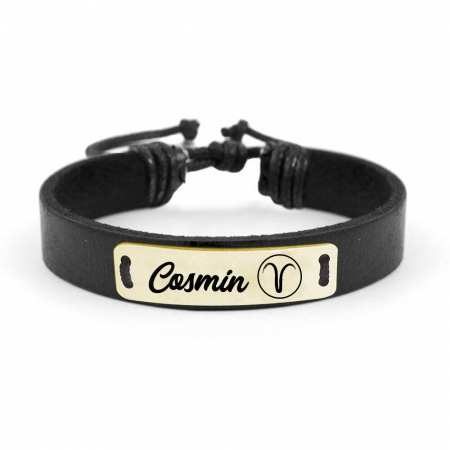 Bratari personalizate - Liam -  Bratara din piele cu tablita din argint 925 placat cu aur galben 24K personalizata cu nume si zodie