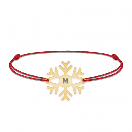 Bratari personalizate - Little Snowflake - Bratara snur personalizata fulg si litera din argint 925 placat cu aur galben 24K