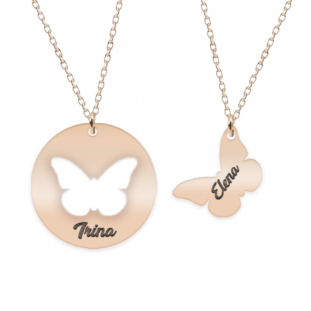 Mariposa - Set coliere personalizate banut si fluturas cu nume din argint 925 placat cu aur roz [1]