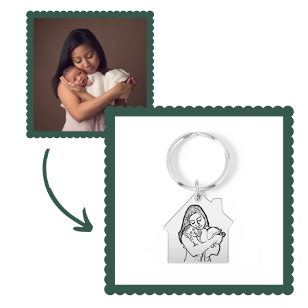 Brelocuri personalizate - Breloc personalizat casuta cu fotografie din argint si inel de inox
