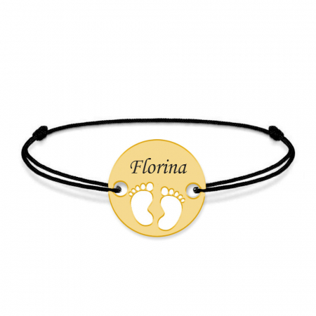 Bratari personalizate - My Kid - Bratara personalizata snur cu talisman din argint 925 placat cu aur galben 24K cu nume si talpite