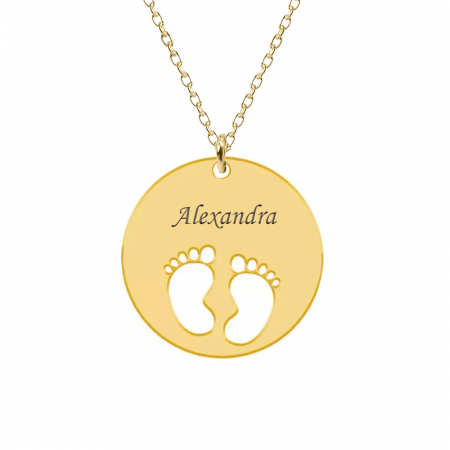 Bijuterii din argint placate cu aur 24K - My kid - Colier personalizat banut cu nume si talpite din argint 925 placat cu aur galben 24K