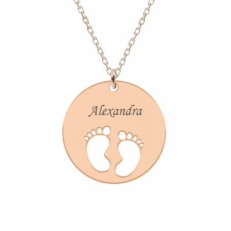 Bijuterii din argint placate cu aur 24K - My kid - Colier personalizat banut cu nume si talpite din argint 925 placat cu aur roz