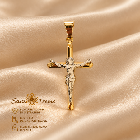 Pandantive - Pandantiv Crucifix Bicolor cu Iisus 3 cm, aur 18K | SaraTremo