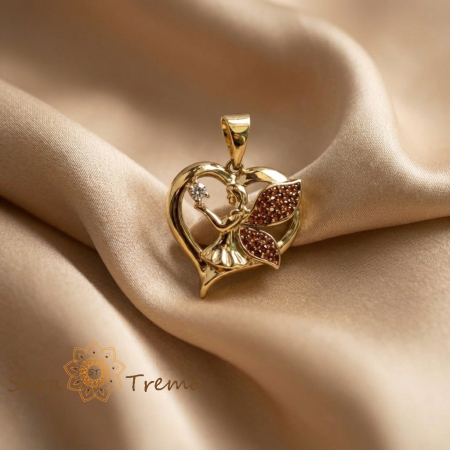 Pandantive - Pandantiv Inima Ingerului – Pandantiv placat cu aur 14K cu zirconia albe si accente rosii