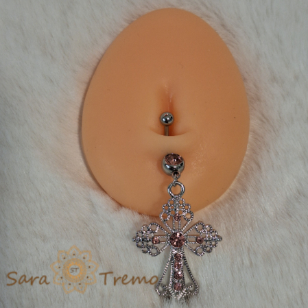 Piercinguri pentru buric - Piercing extra-mare argintiu de buric cu cruciulita si cristale roz